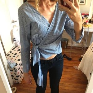 Blue gingham wrap bow top with tie